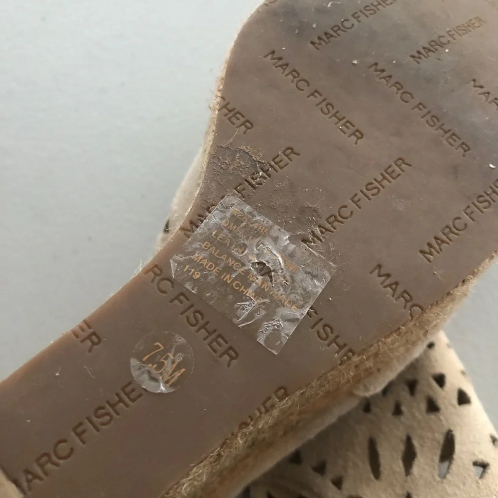 Marc Fisher Harlea Perforated Suede Wedge Espadrille Sandals beige tan neutral
